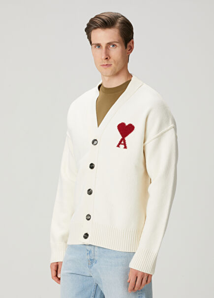 Kırık Beyaz Logo Jakarlı Yün Triko Hırka