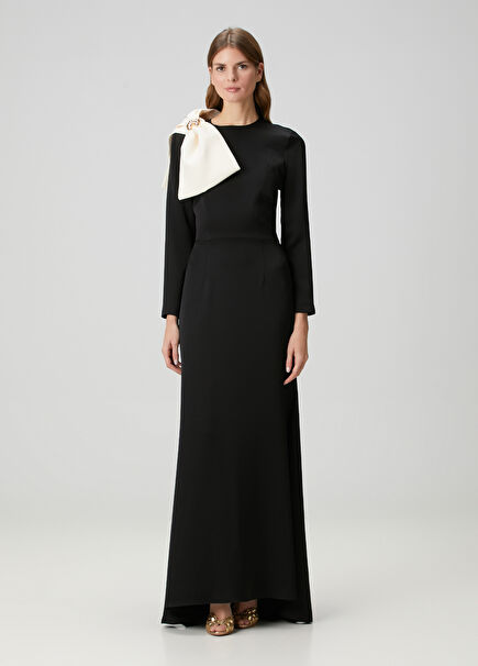 Black Long Sleeve Women's Evening Dress with Bow Detail