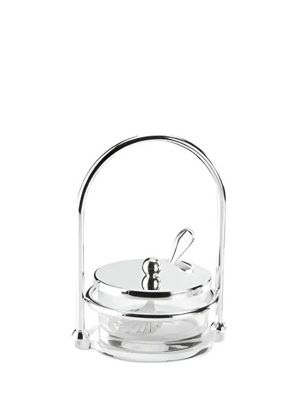 Kaşıklı Cam Gümüş Kapaklı Reçel Kabı 10 x 16 cm