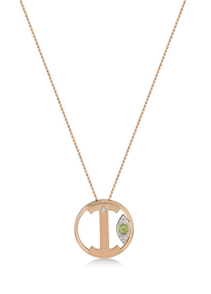 Me Midi “İ” Harf Kolye Yeşil Peridot Taşlı 14 Ayar Pembe Altın Pırlanta Kolye