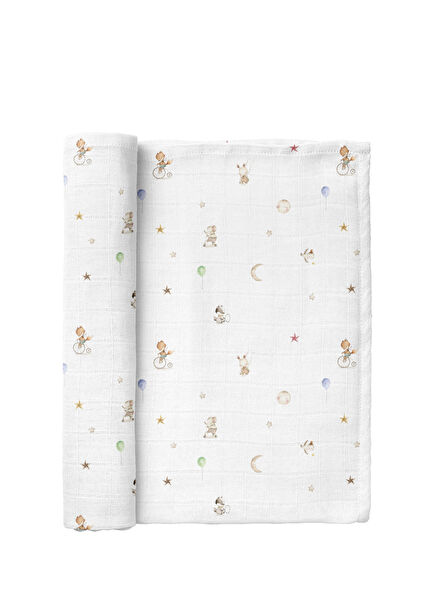 Circus Printed White Organic Cotton Washed Muslin Cover 115 x 115 cm