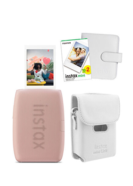 Instax mini Link 3 Pembe Akıllı Telefon Yazıcısı Beyaz Çanta Deri Albüm ve 20'li Mini Film