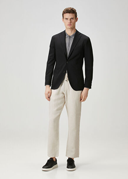 Bej Beli Kordonlu Keten Pantolon