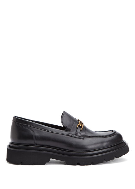Black Chain Logo Women's Leather Loafer