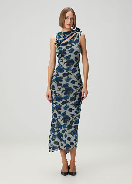 Blue Knotted Floral Detail Midi Dress