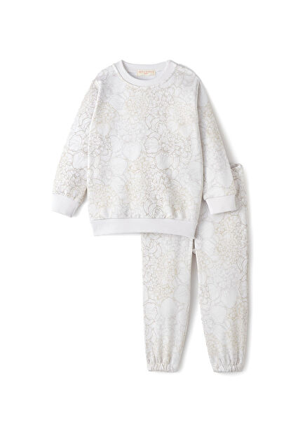 Stone Color Floral Patterned Unisex Kids Tracksuit Set