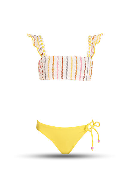 Bandeau Yellow Strap Ruffle Detailed Girls' Bikini Set