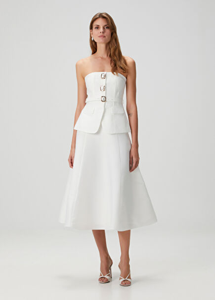 White Strapless Midi Cocktail Dress