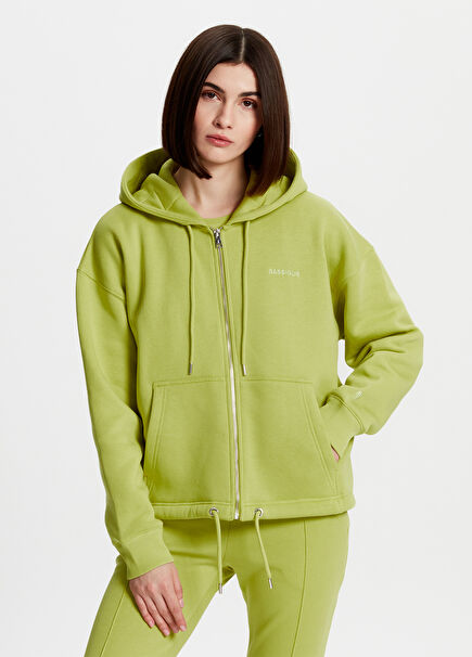 Yeşil Fermuarlı Kapüşonlu Kadın Sweatshirt