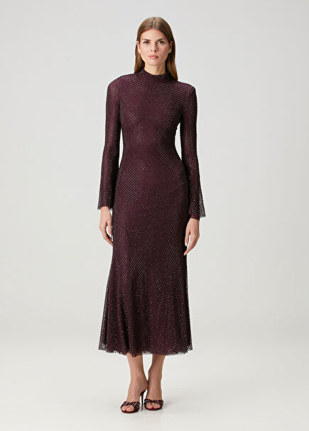 Bordo Taşlı Midi Kokteyl Elbise