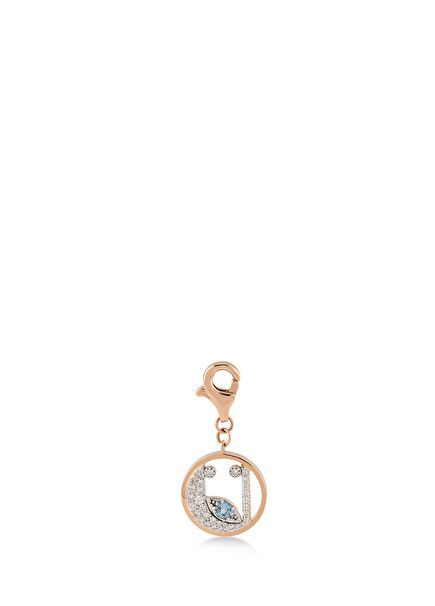 Mini “Ü” Harfli Charm Pırlanta Blue Topaz Taşlı 14 Ayar Pembe Altın