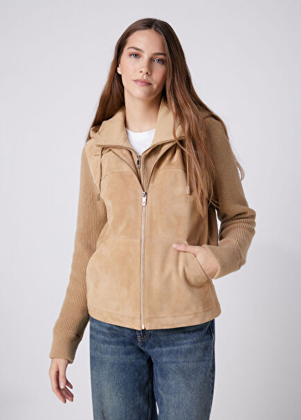Camel Hooded Leather Jacket