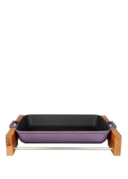 Purple Cast Iron Rectangular Beech Wood Solid Double Handle Roast and Baking Tray