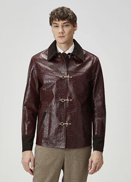 Bordo Trok Detaylı Deri Mont