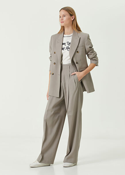 Bej Yüksek Bel Pili Detaylı Yün Pantolon