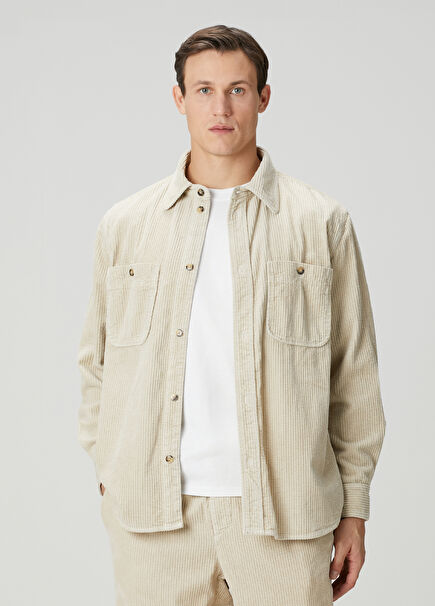 Ekru Çizgi Dokulu Dış Gömlek