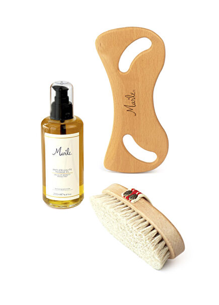 Anti-Cellulite Massage Oil 200 ml + Natural Horsehair Brush and Wooden Massager 3-Piece Care Set