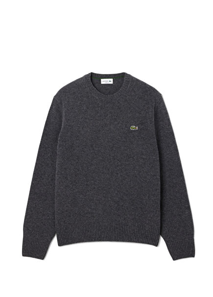 Gri Yünlü Classic Fit Bisiklet Yaka Erkek Kazak