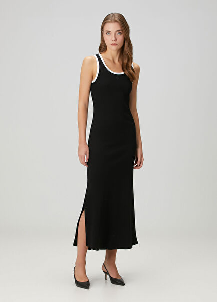 Beyaz Kontrast Detaylı Midi Triko Elbise