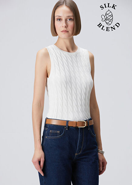 White Silk Blend Cable Knit Knit Vest