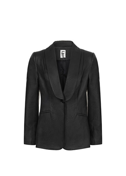 Luisa Siyah Deri Tek Düğmeli Kadın Blazer Ceket