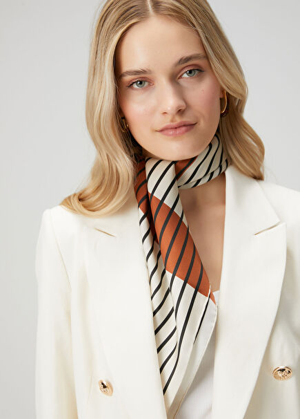 Silk Scarf With Beige Stripe Detail