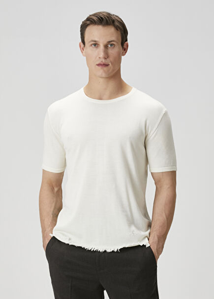 Beyaz Logo Nakışlı Yün T-shirt