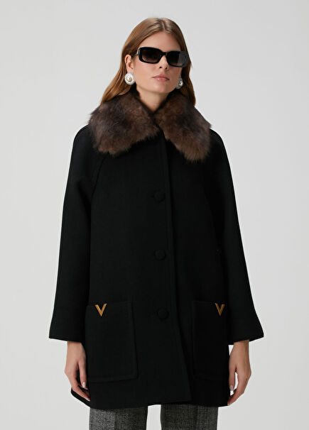 Black Collar Detail Wool Coat