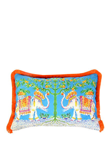 Dekoratif Fil Desenli Suluboya Turkuaz Kadife Yastık Kılıfı 40x60 cm