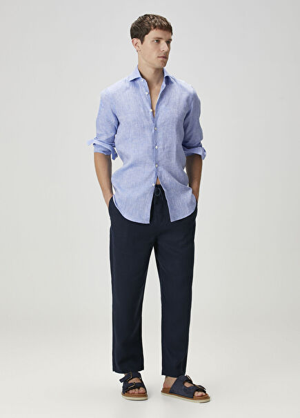 Lacivert Beli Kordonlu Keten Pantolon