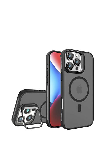iPhone 16 Pro Max Metal Bracket Mat Siyah Magsafe Uyumlu Telefon Kılıfı