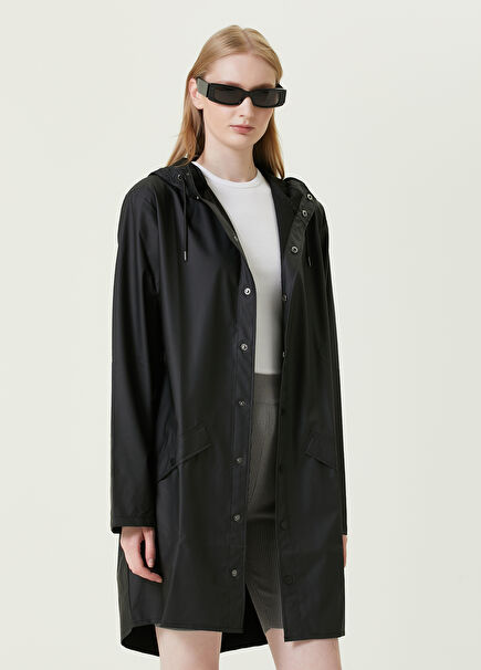 Black Hooded Long Raincoat