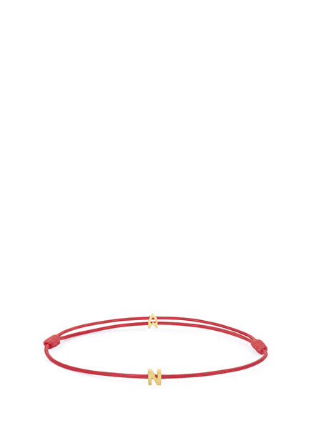 Şans Kırmızı İp N Harfli 925 Ayar Gümüş 18 Ayar Altın Kaplama Kadın Bileklik