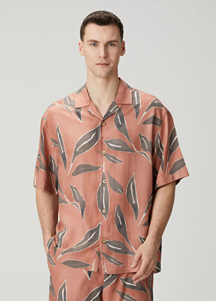 Eugene Brown Leaf Print Linen Shirt