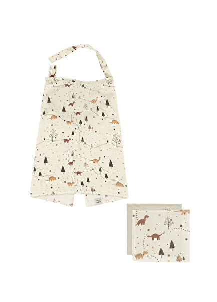 DinoDrift Krem Kahveregi Desenli Emzirme Örtüsü ve 2'li Müslin Ağız Mendili Seti