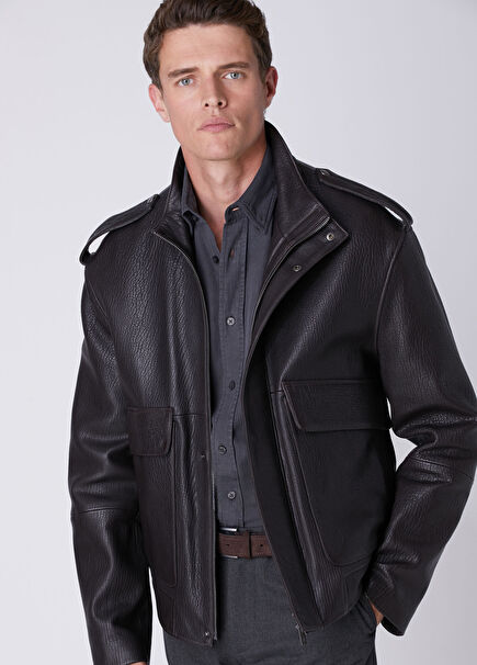 Dark Brown High Neck Leather Jacket