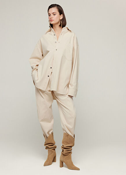 Yıkamalı Gabardin Ekru Oversize Kadın Gömlek
