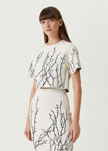 Fildişi Siyah Desenli Crop Yün Bluz
