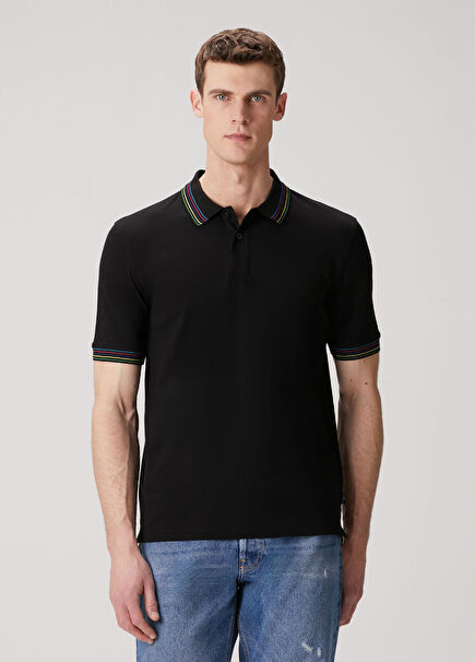 Siyah Polo Yaka Organik Pamuk T-shirt