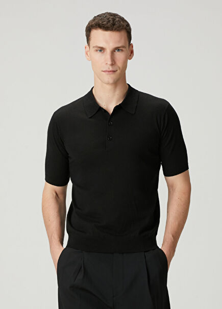 Black Short Sleeve Polo Wool Sweater