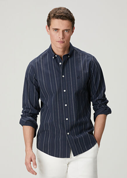 Comfort Fit Lacivert Çizgi Desenli Gofreli Gömlek