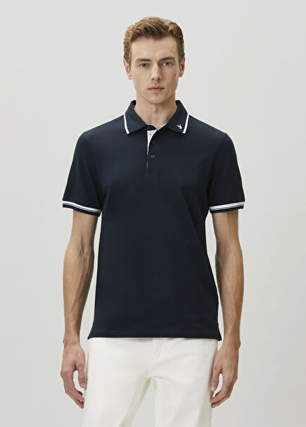 Lacivert Slim Fit Verev Çizgili Pike Polo T-shirt
