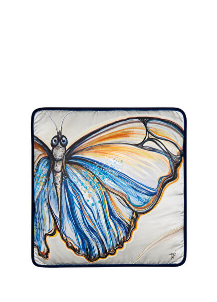 Blue Butterfly Hand Painted on Silk Pillow 45x45x6 cm