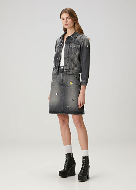 Dark Grey Embellished Midi Denim Skirt