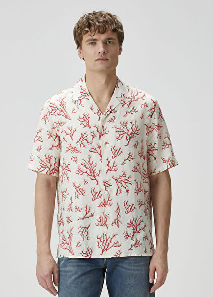 Beyaz Mercan Desenli Kısa Kollu Keten Gömlek