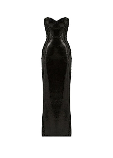 Straplez Siyah Payet Kadın Uzun Abiye Elbise