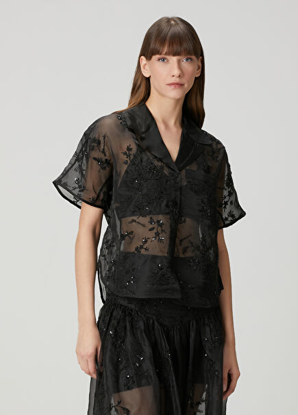 Black Embellished Organza Blouse