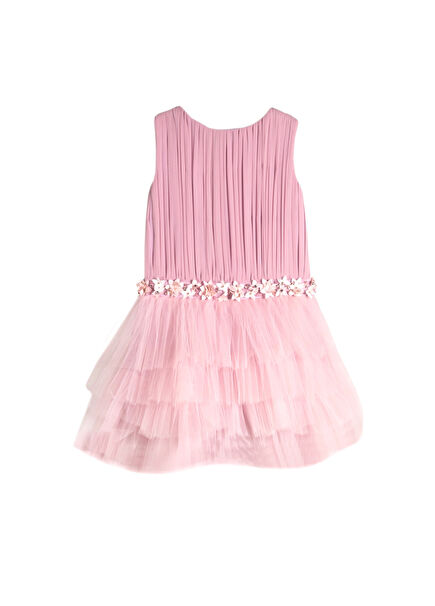 Miss Tina Pink Belt Embroidered Pleat Detailed Girls' Dress