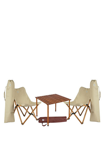 Wooden Brown Beige Folding Camping Table and Chair Set