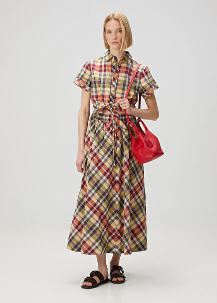 Red Green Plaid Midi Skirt